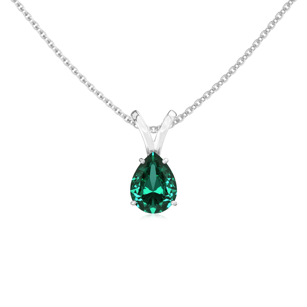 lab grown emerald pear solitaire v-bale necklaces in sterling silver 