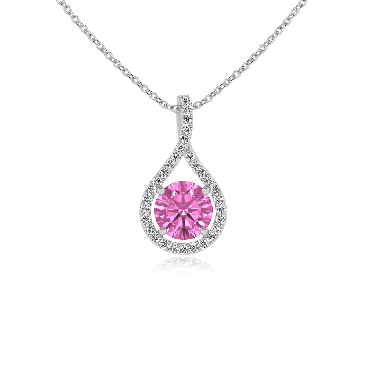 lab grown pink-sapphire round solitaire necklaces in white gold 
