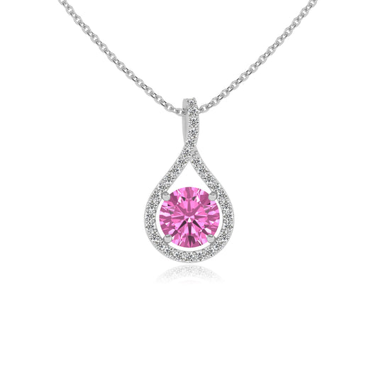 lab grown pink-sapphire round solitaire necklaces in white gold 