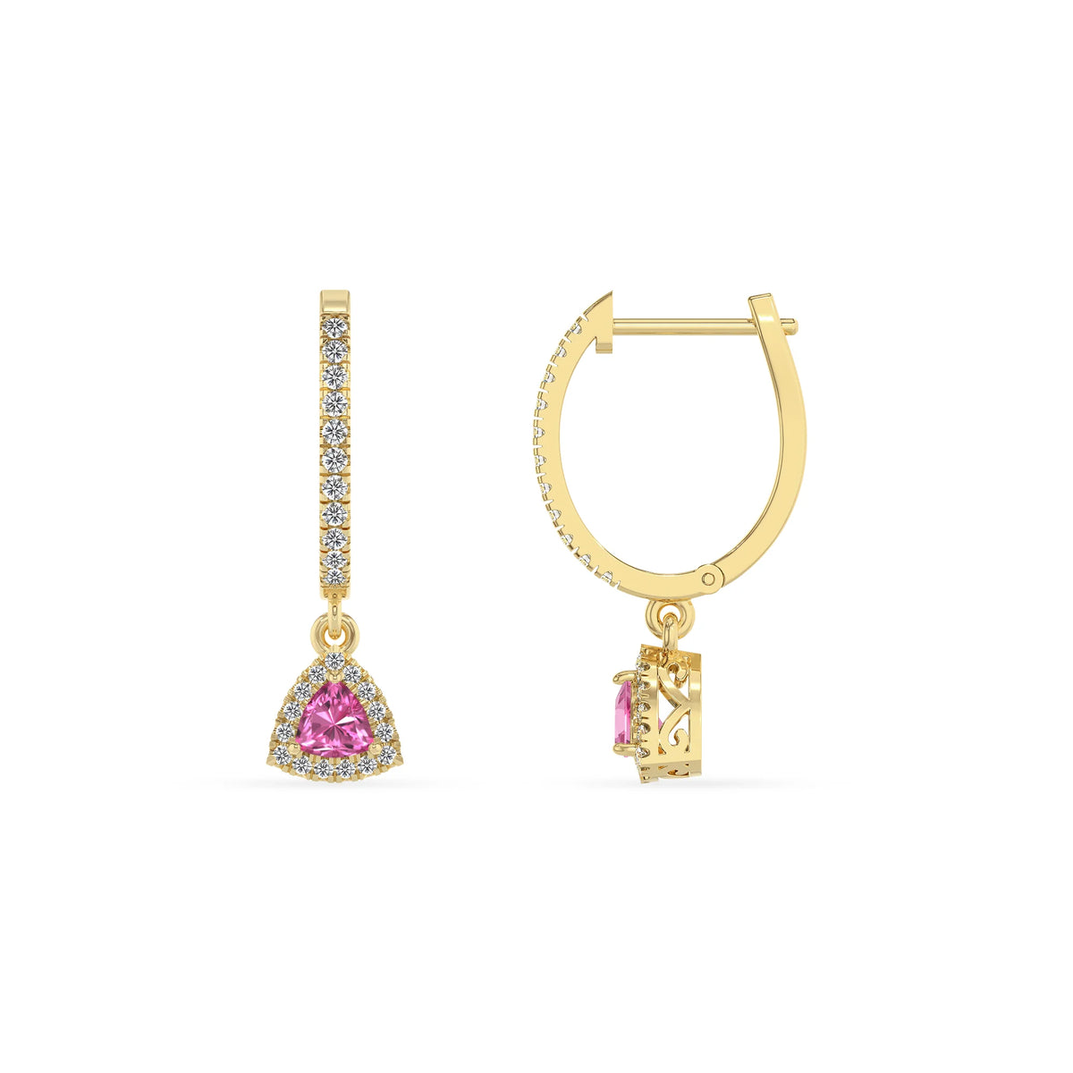 lab grown pink sapphire trillion drop earrings in yellow gold 