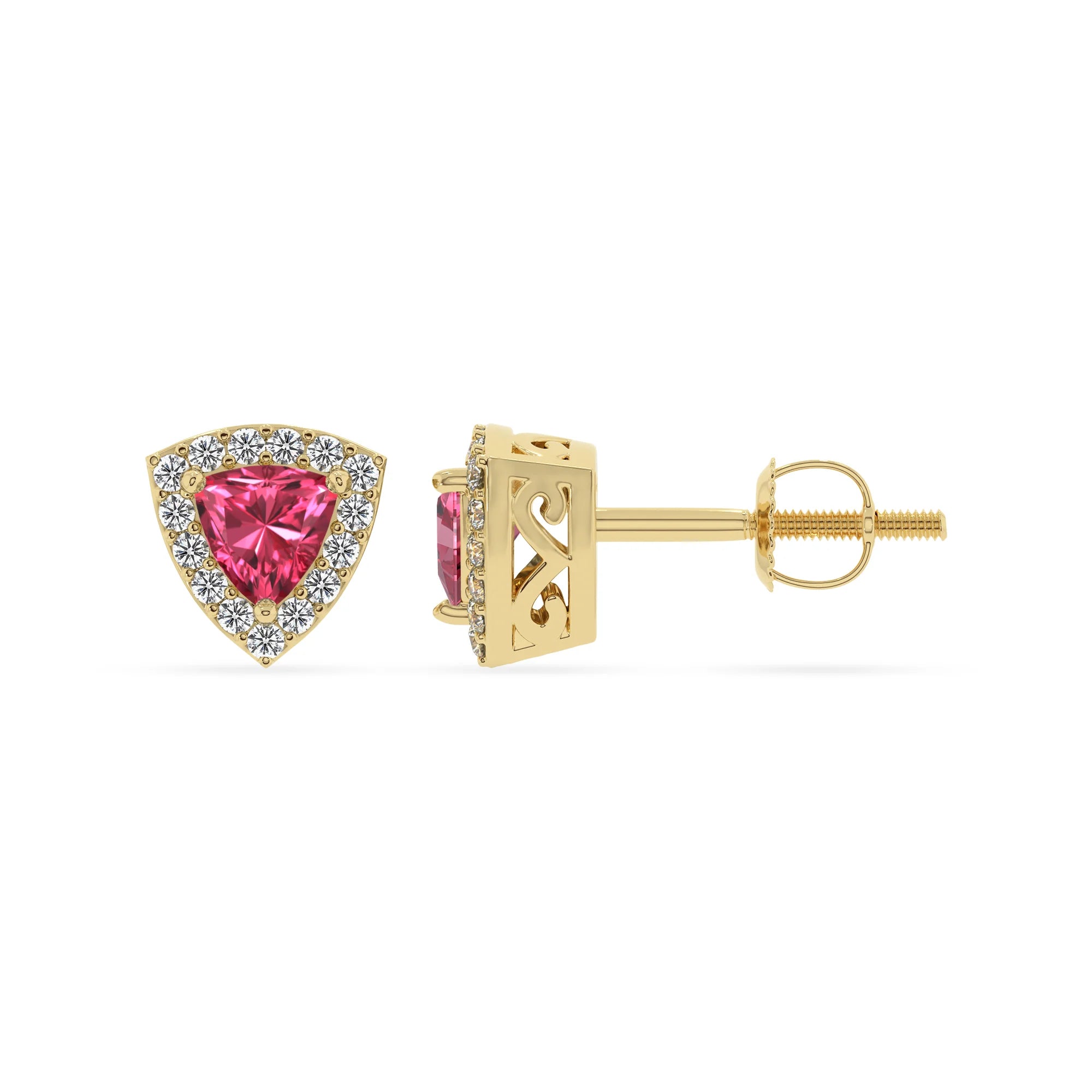 lab grown pink tourmaline trillion stud earrings in yellow gold 