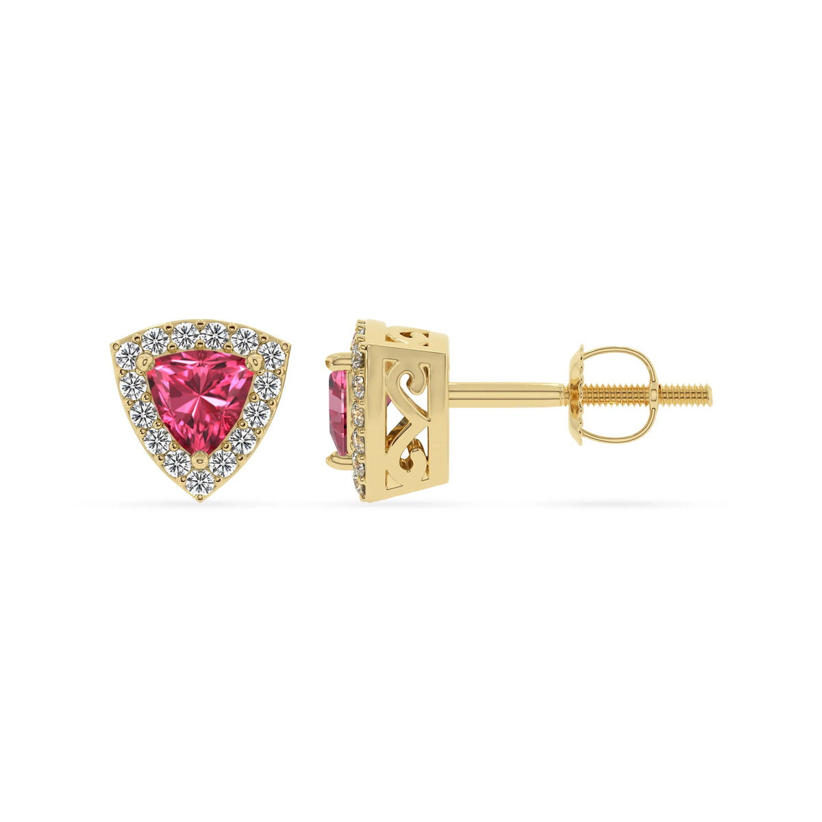 lab grown pink tourmaline trillion stud earrings in yellow gold 