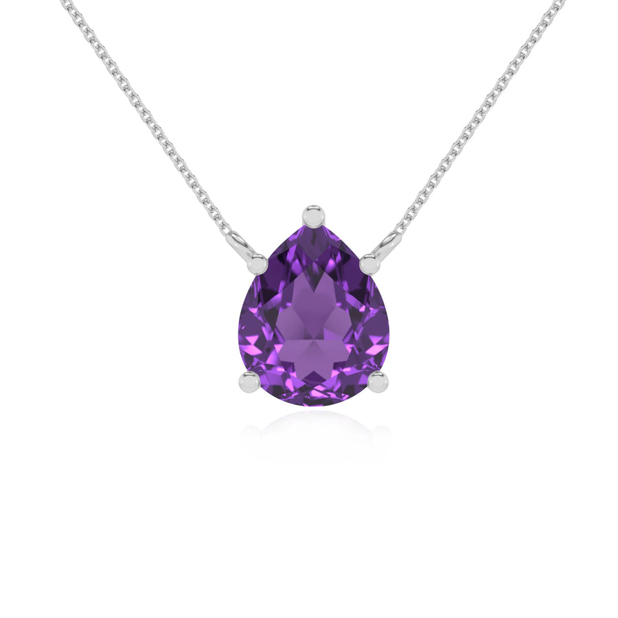 lab grown amethyst pear solitaire necklaces in white gold 