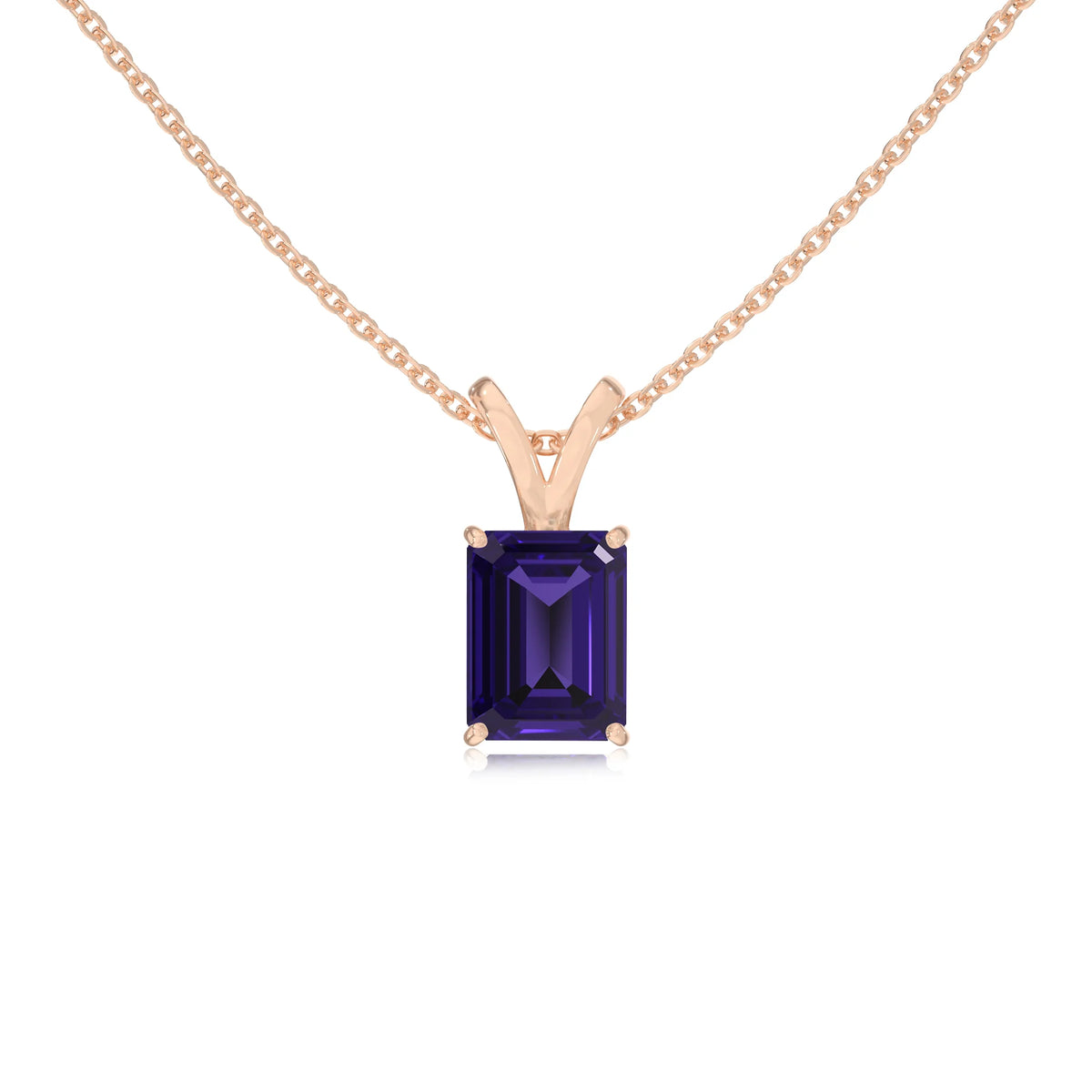 lab grown tanzanite emerald cut solitaire v-bale necklaces in rose gold 