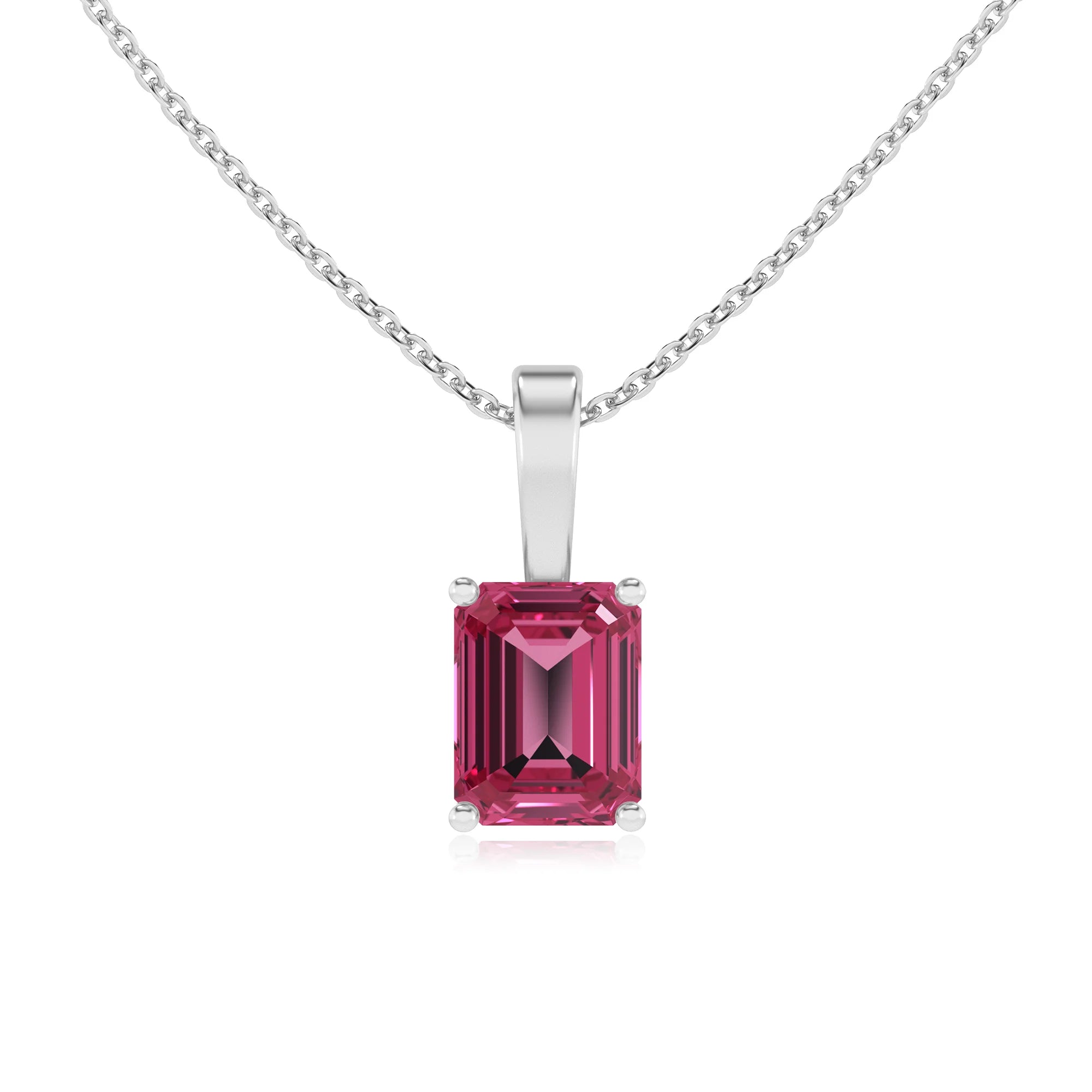 lab grown pink-tourmaline emerald cut solitaire necklaces in white gold 