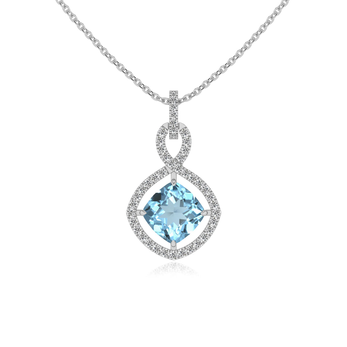 lab grown aquamarine cushion infinity necklaces in white gold 