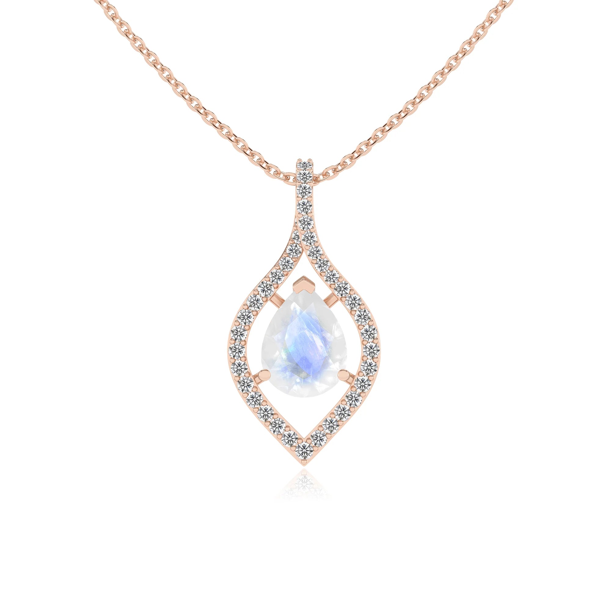 natural rainbow-moonstone pear infinity necklaces in rose gold 