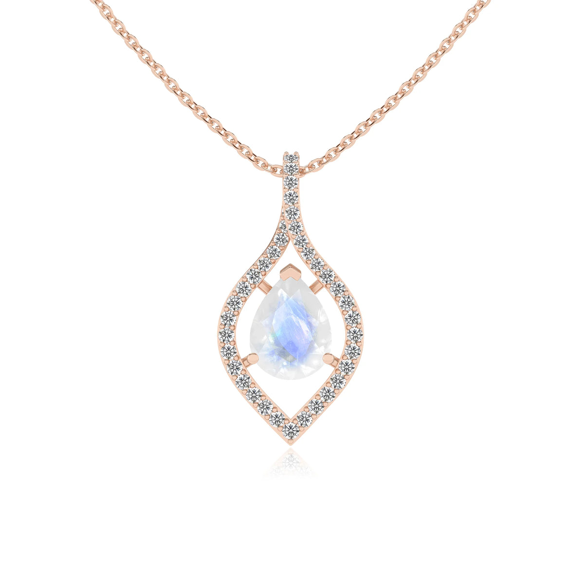 natural rainbow-moonstone pear infinity necklaces in rose gold 