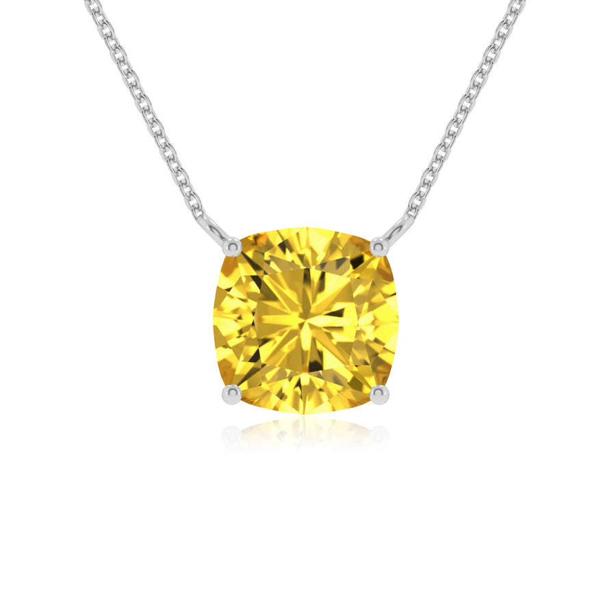 lab grown yellow-sapphire cushion solitaire necklaces in white gold 