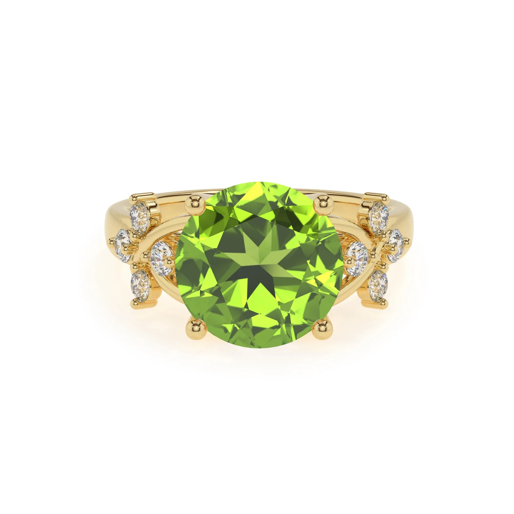 natural peridot round solitaire rings in yellow gold 