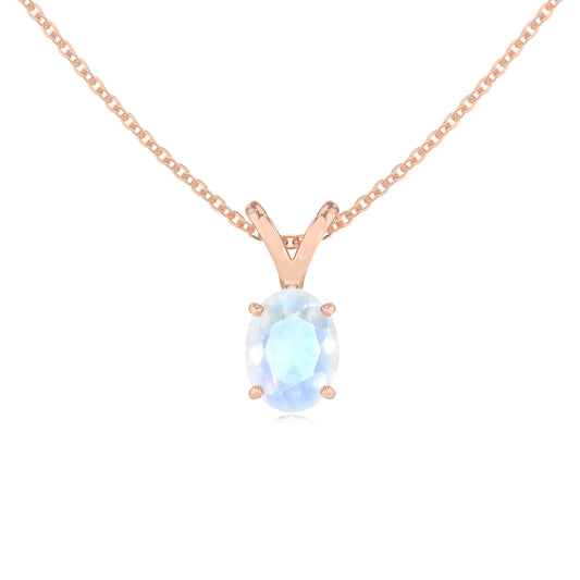 natural rainbow-moonstone oval solitaire v-bale necklaces in rose gold 