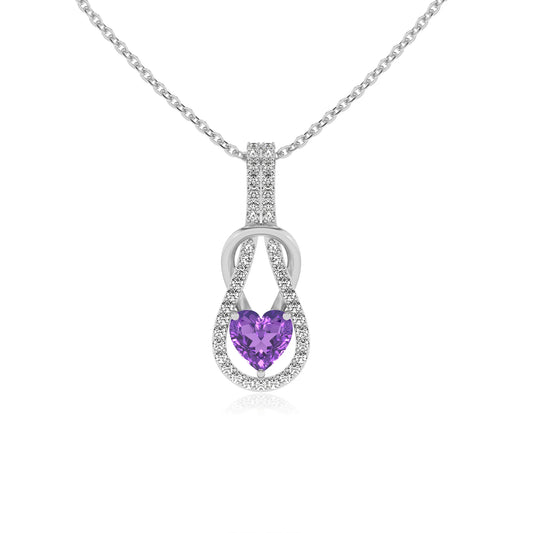 lab grown amethyst heart infinity  v-bale necklaces in white gold 
