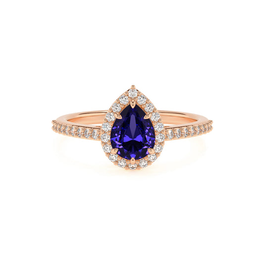 lab grown tanzanite pear solitaire rings in rose gold 