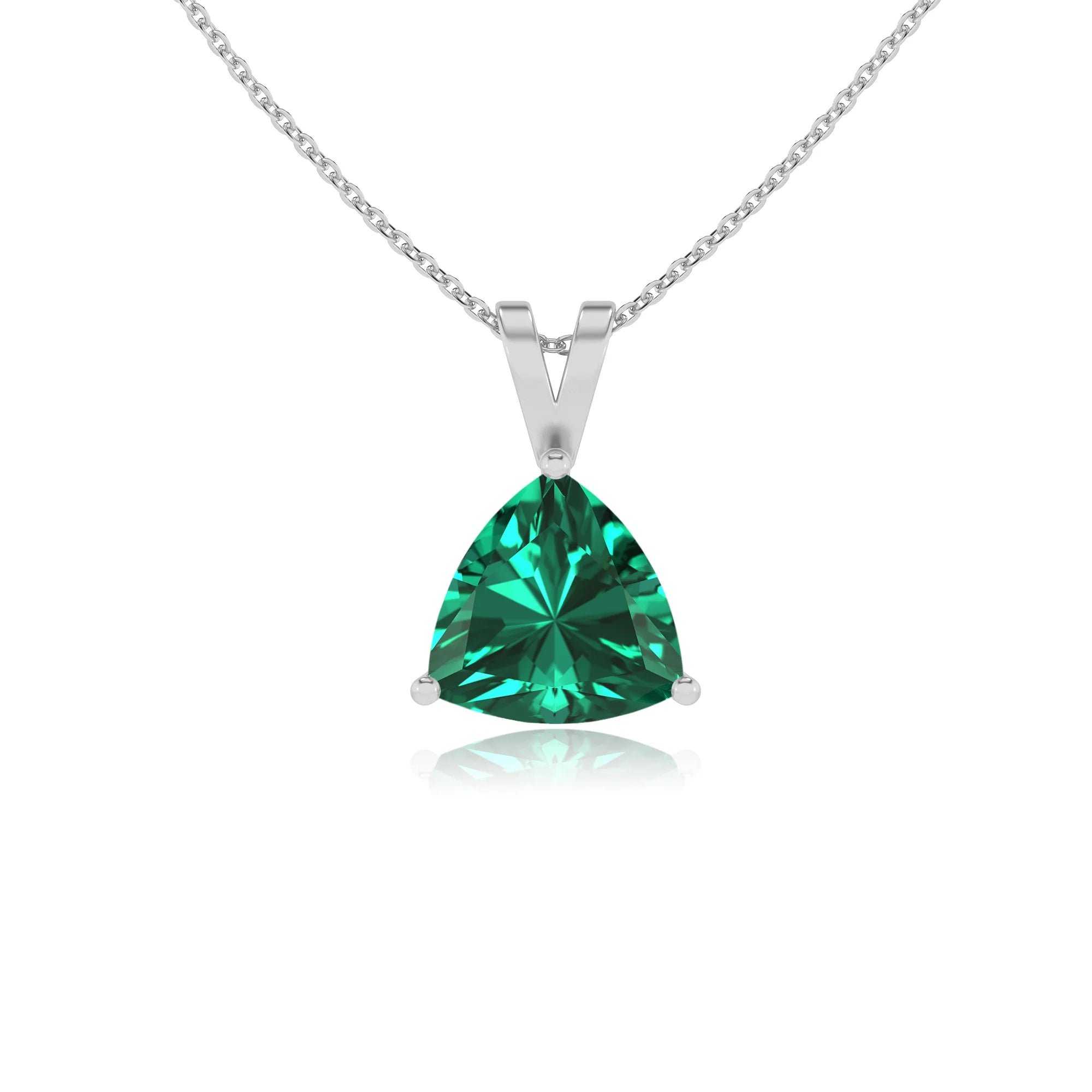 lab grown emerald trillion solitaire v-bale necklaces in sterling silver 