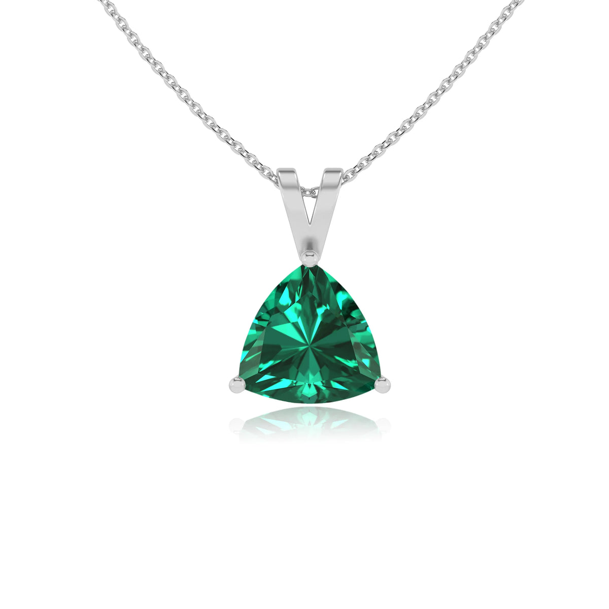 lab grown emerald trillion solitaire v-bale necklaces in sterling silver 