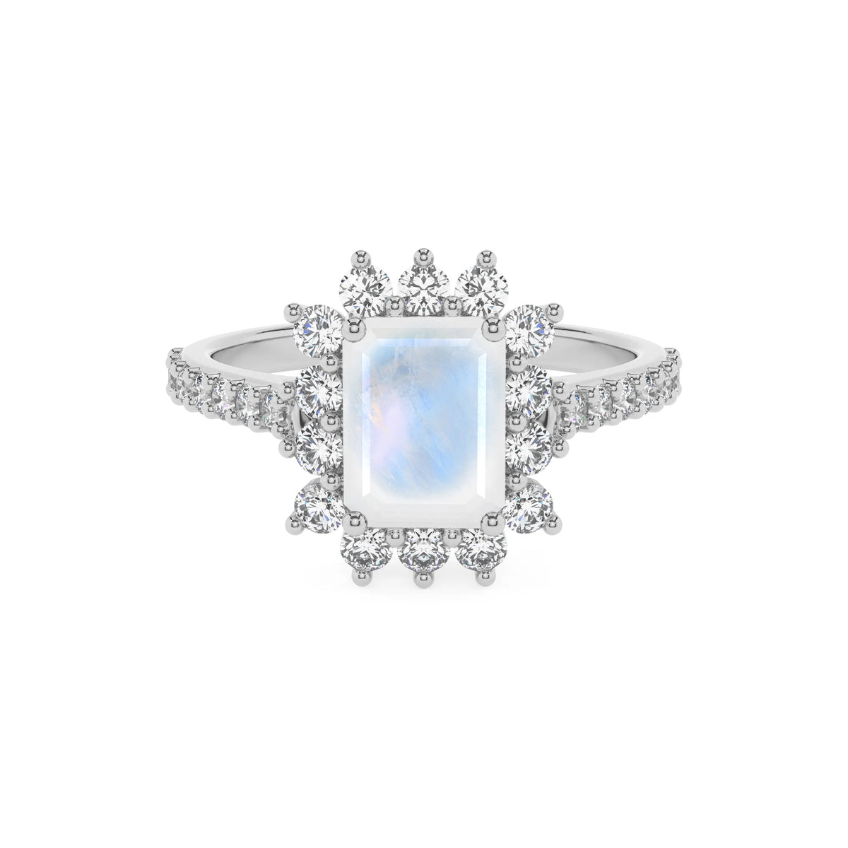 natural rainbow-moonstone emerald cut solitaire rings in white gold 