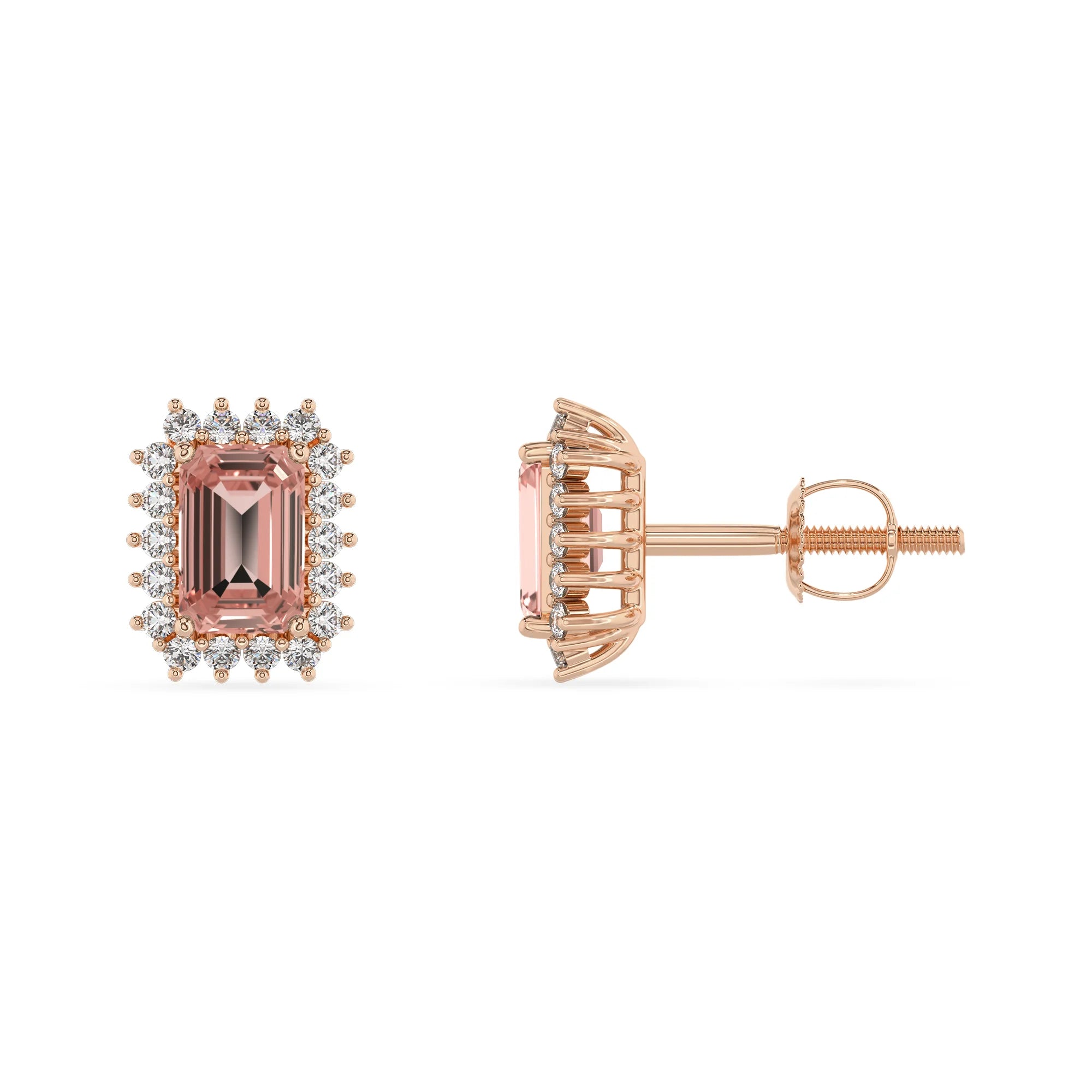 lab grown morganite emerald cut stud earrings in rose gold 