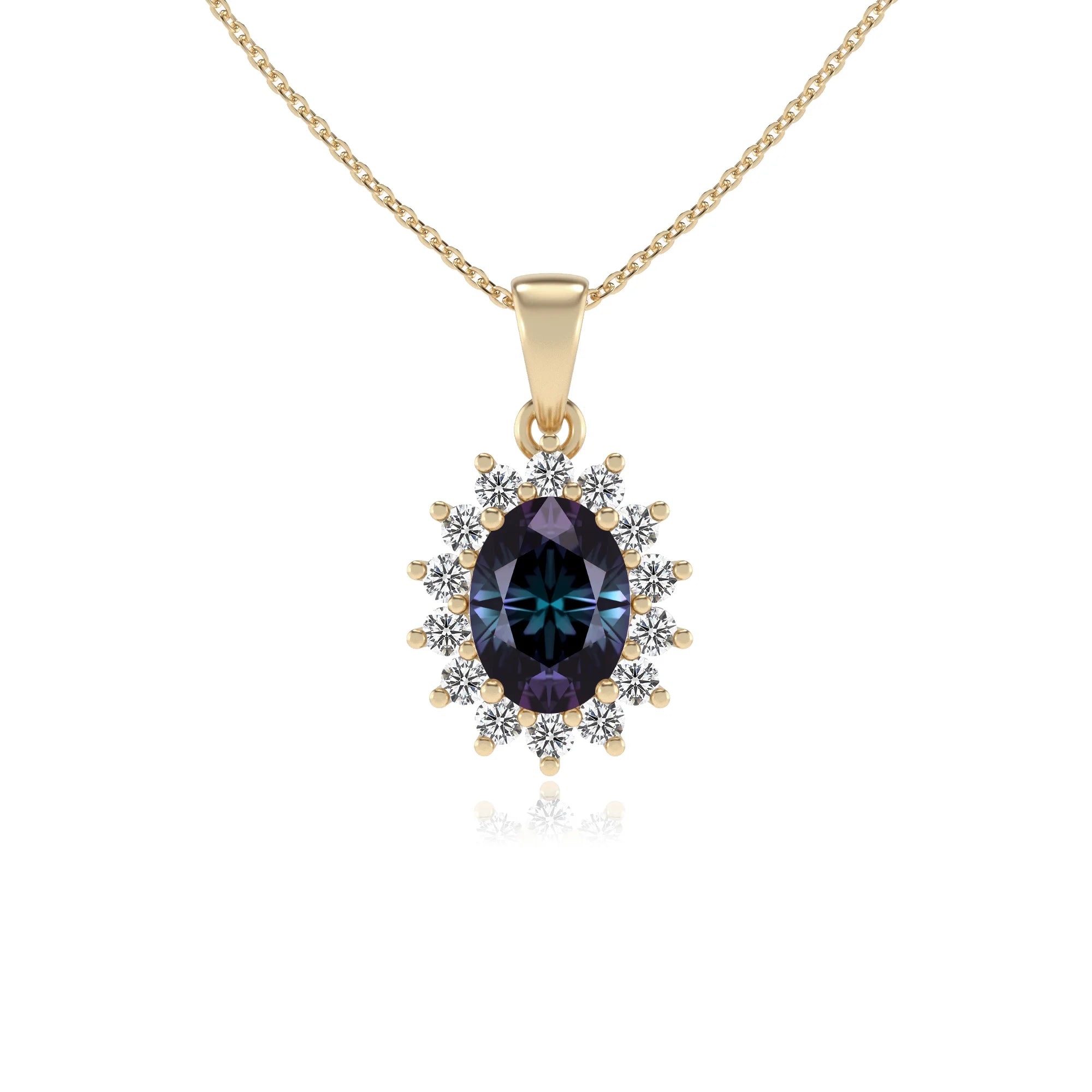 lab grown alexandrite oval halo necklaces in yellow gold 