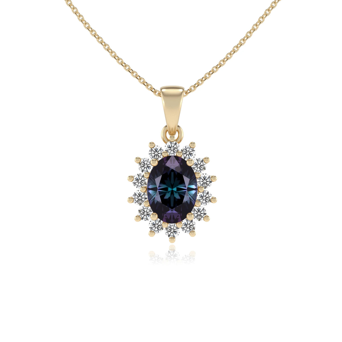 lab grown alexandrite oval halo necklaces in yellow gold 