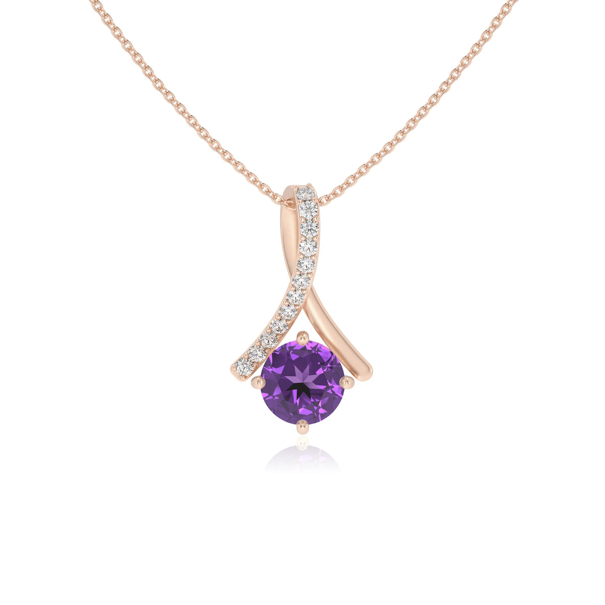 lab grown amethyst round solitaire necklaces in rose gold 