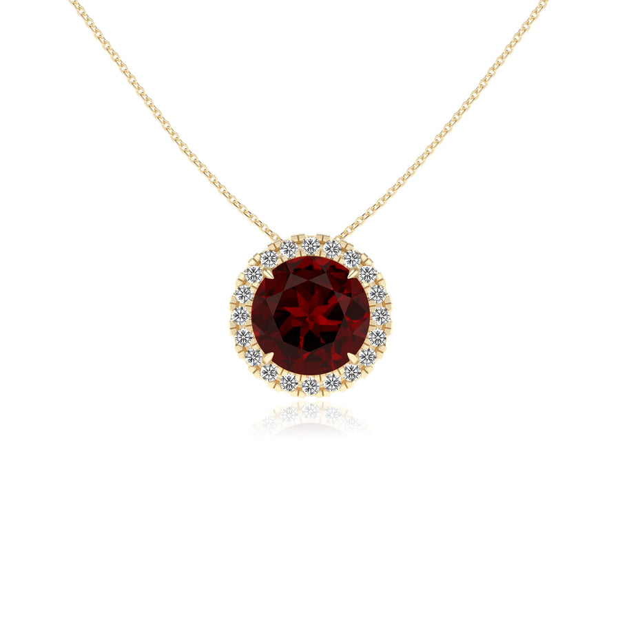 natural garnet round solitaire necklaces in yellow gold 