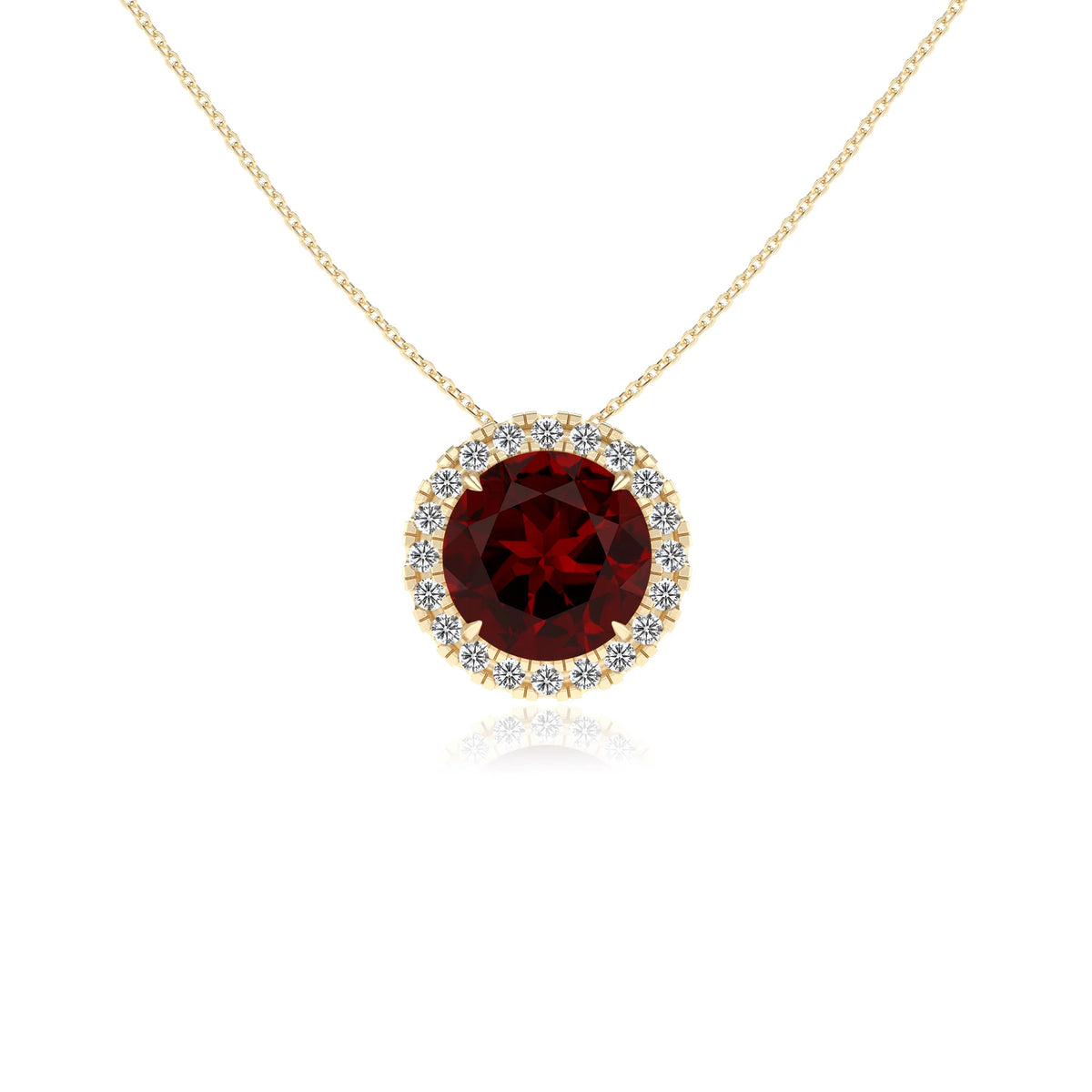 natural garnet round solitaire necklaces in yellow gold 