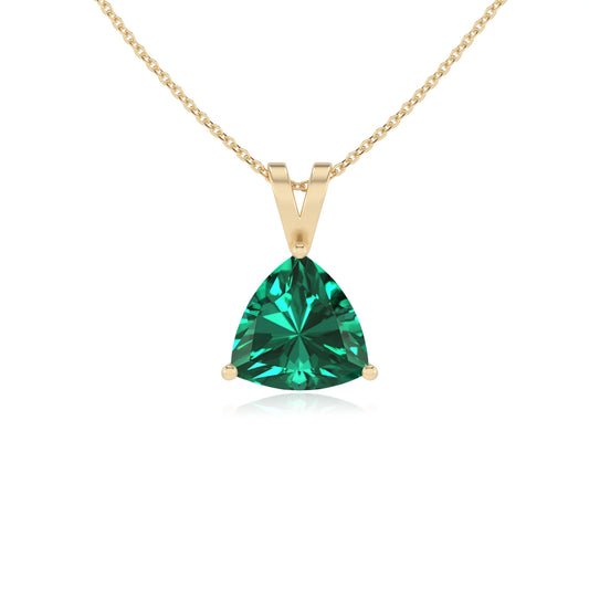 lab grown emerald trillion solitaire v-bale necklaces in yellow gold 
