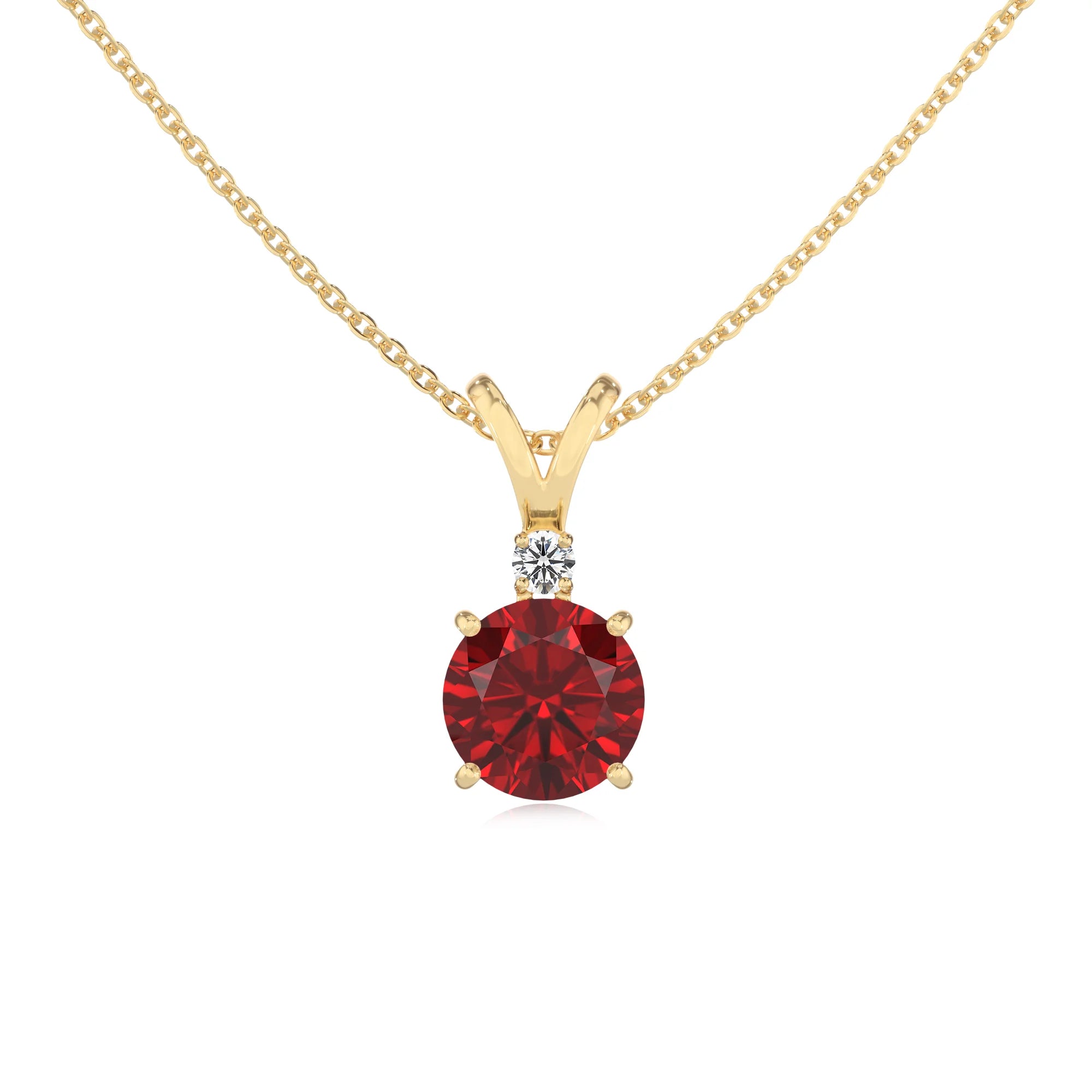 lab grown ruby round solitaire v-bale necklaces in yellow gold 