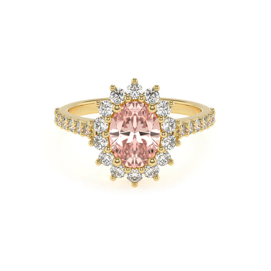 lab grown morganite oval solitaire rings in yellow gold 