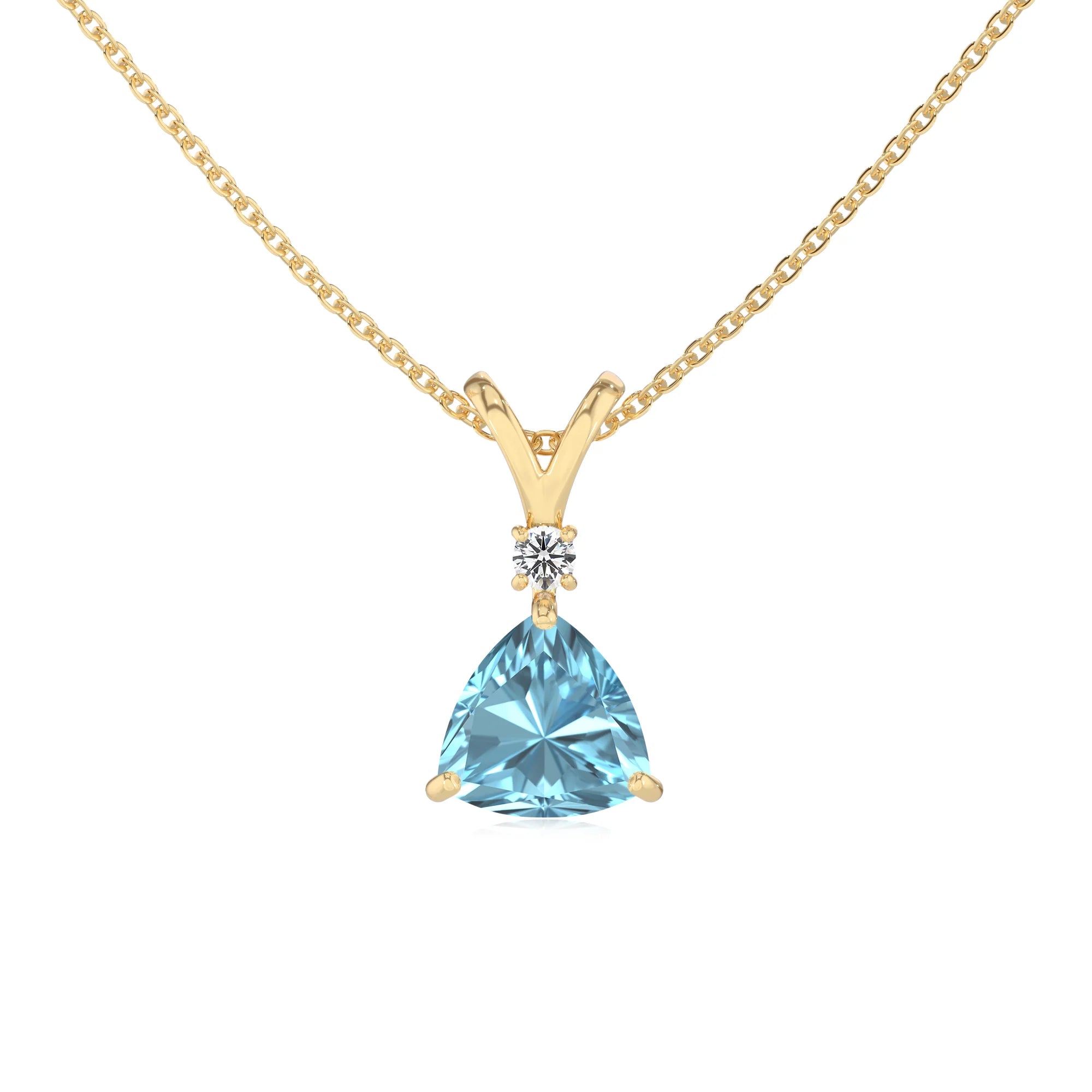 lab grown aquamarine trillion solitaire v-bale necklaces in yellow gold 