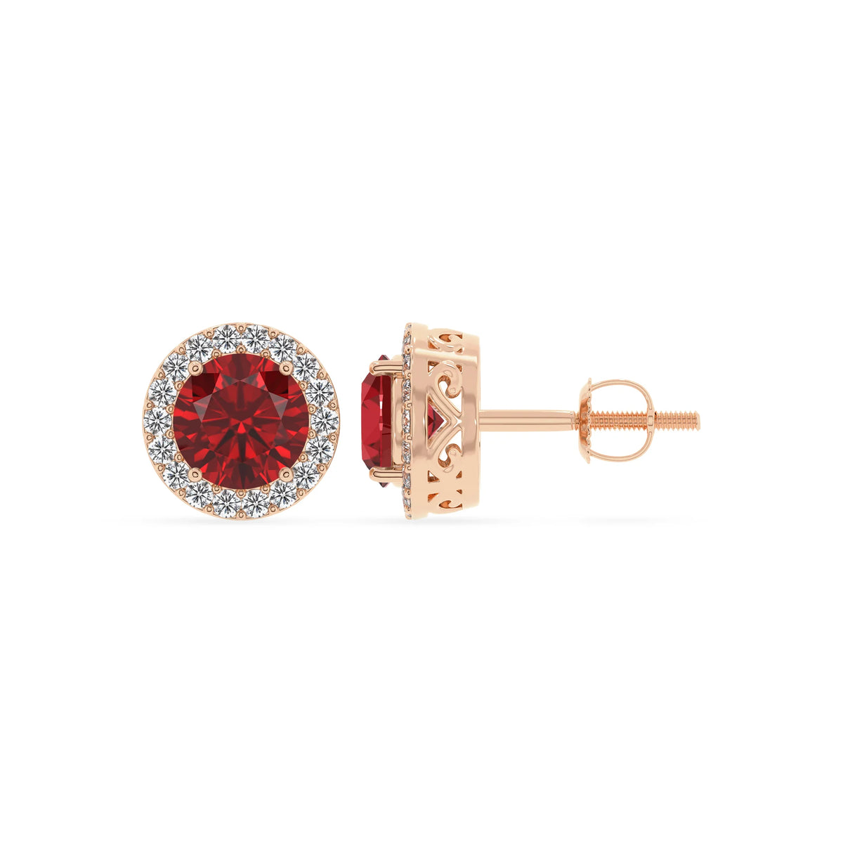 lab grown ruby round stud earrings in rose gold 