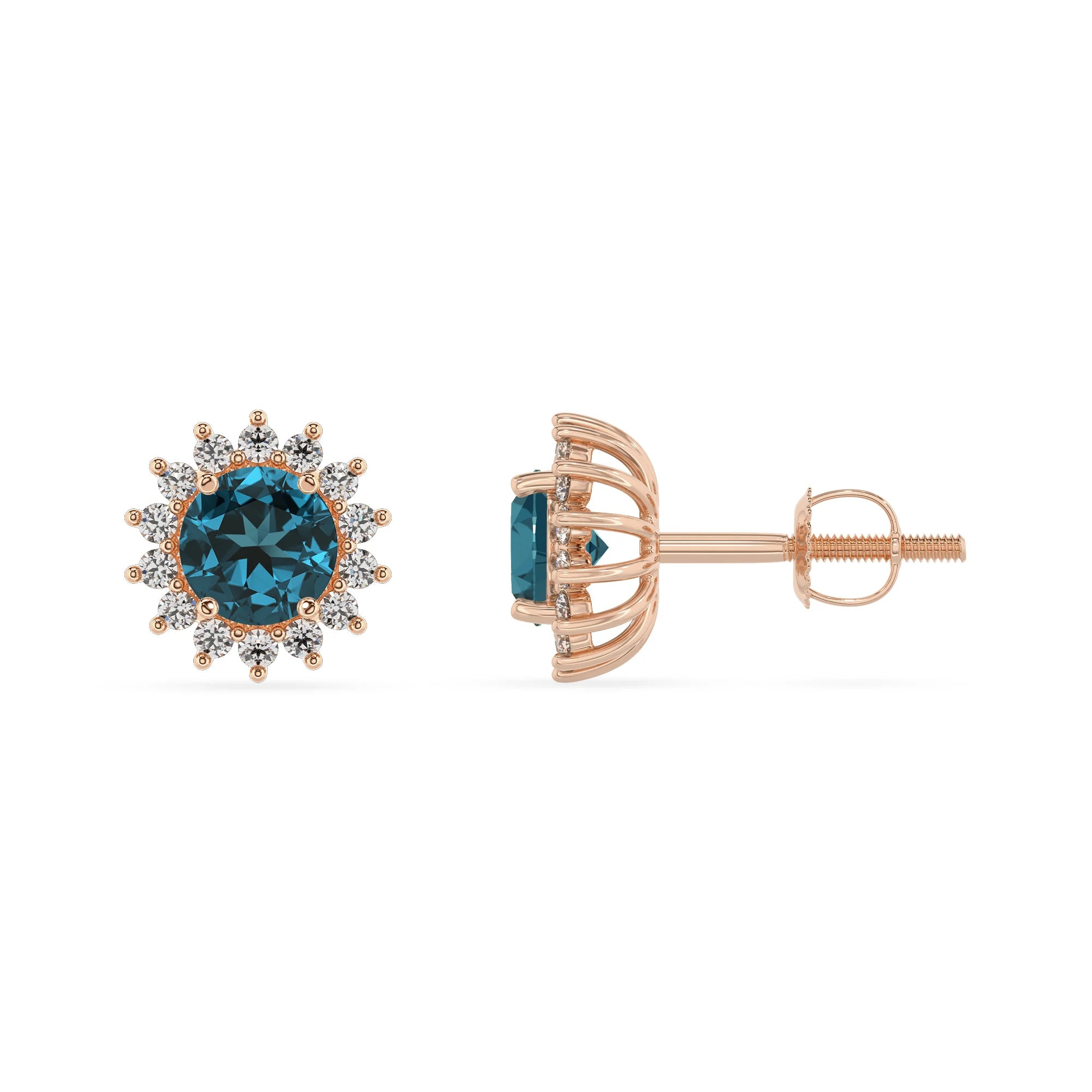 natural london blue topaz round stud earrings in rose gold 