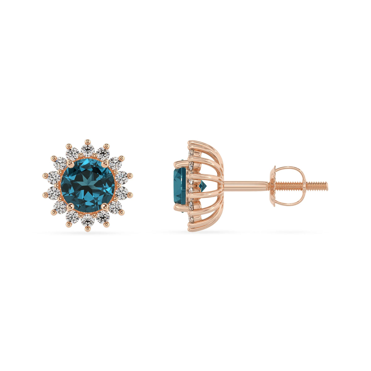 natural london blue topaz round stud earrings in rose gold 