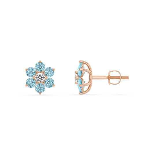 Lab Grown Aquamarine Round Stud Earrings with Diamond