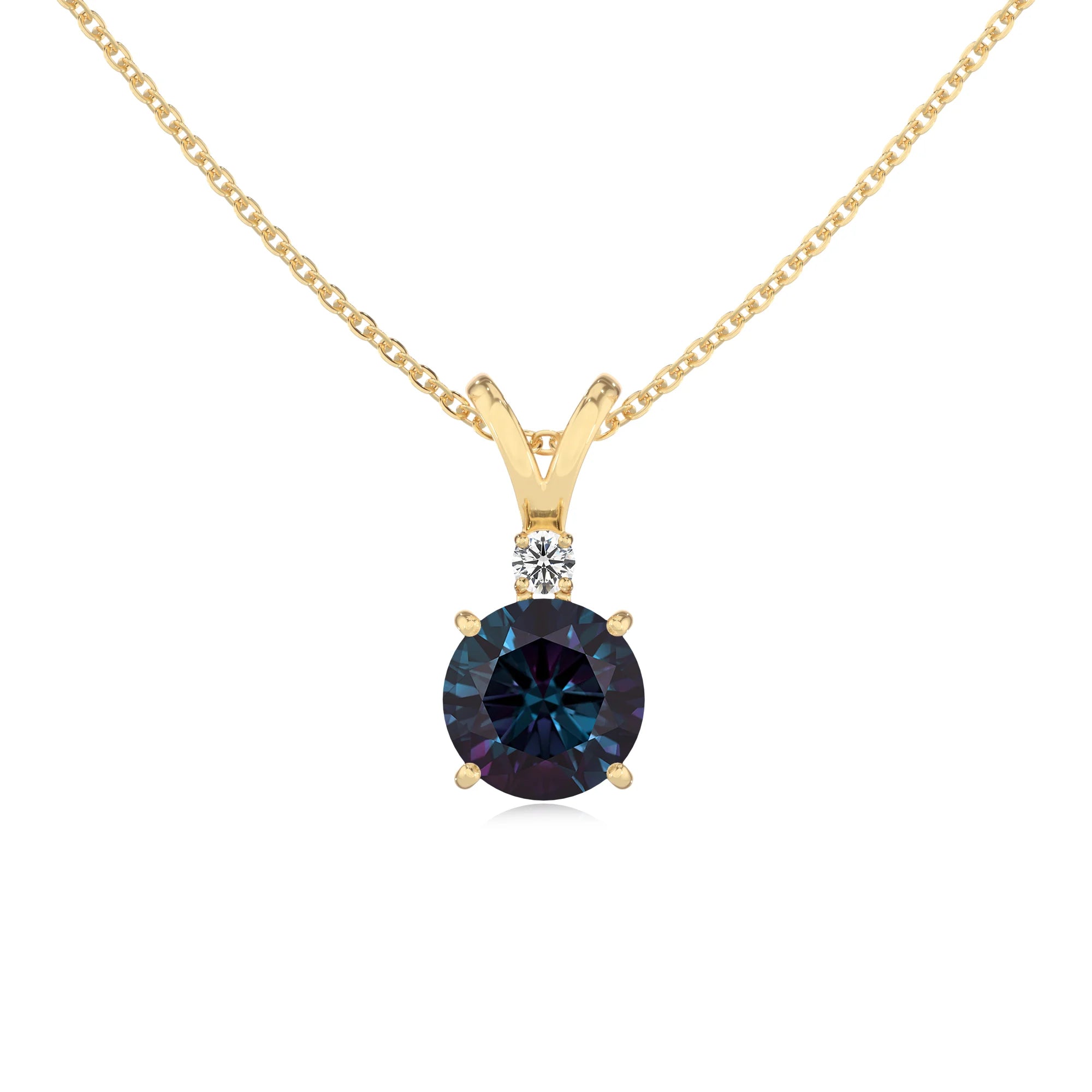 lab grown alexandrite round solitaire v-bale necklaces in yellow gold 