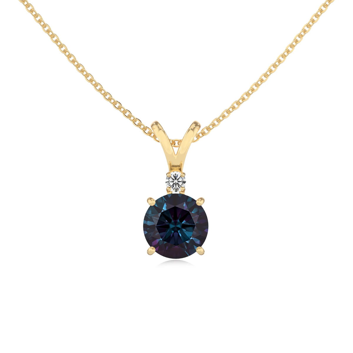 lab grown alexandrite round solitaire v-bale necklaces in yellow gold 
