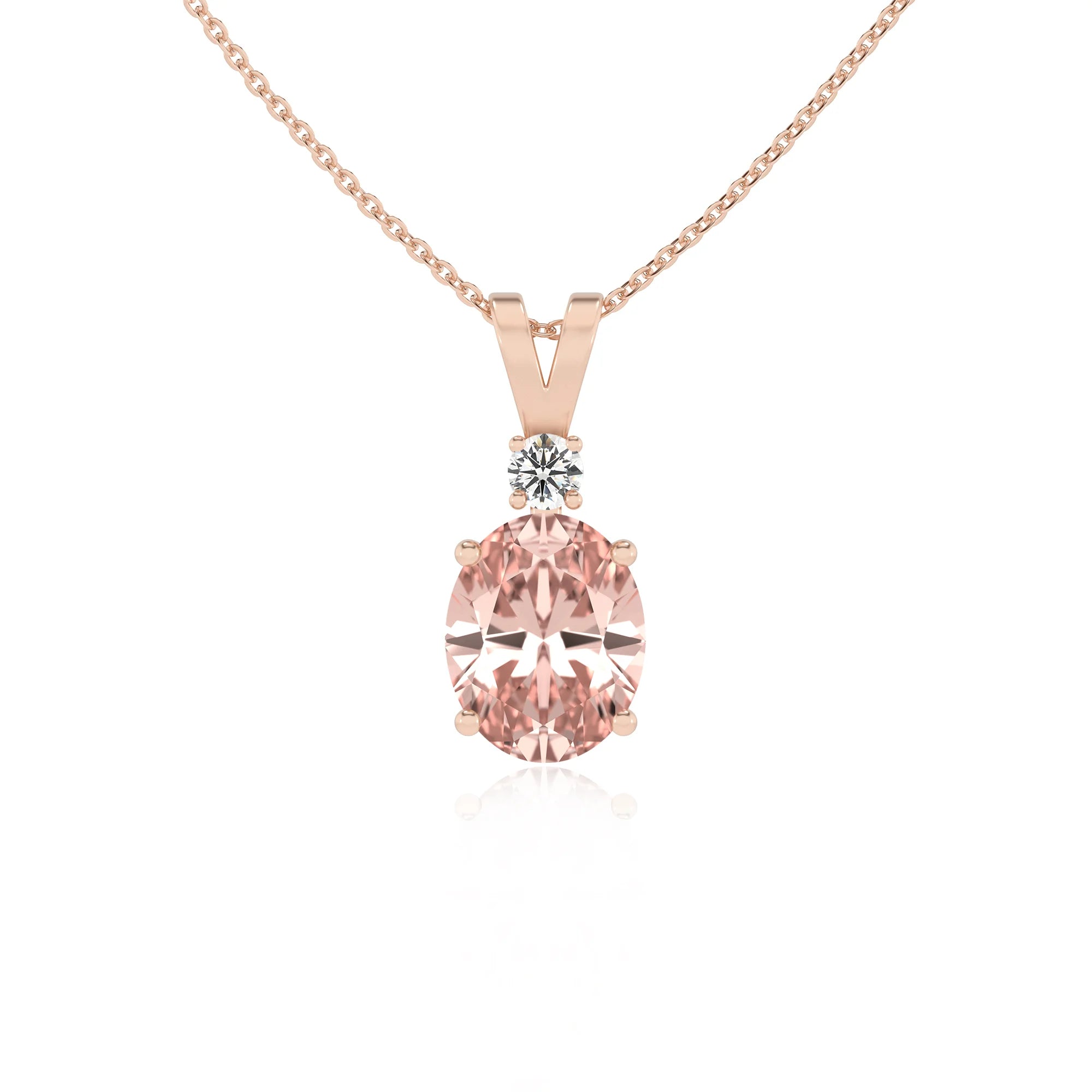 lab grown morganite oval solitaire v-bale necklaces in rose gold 