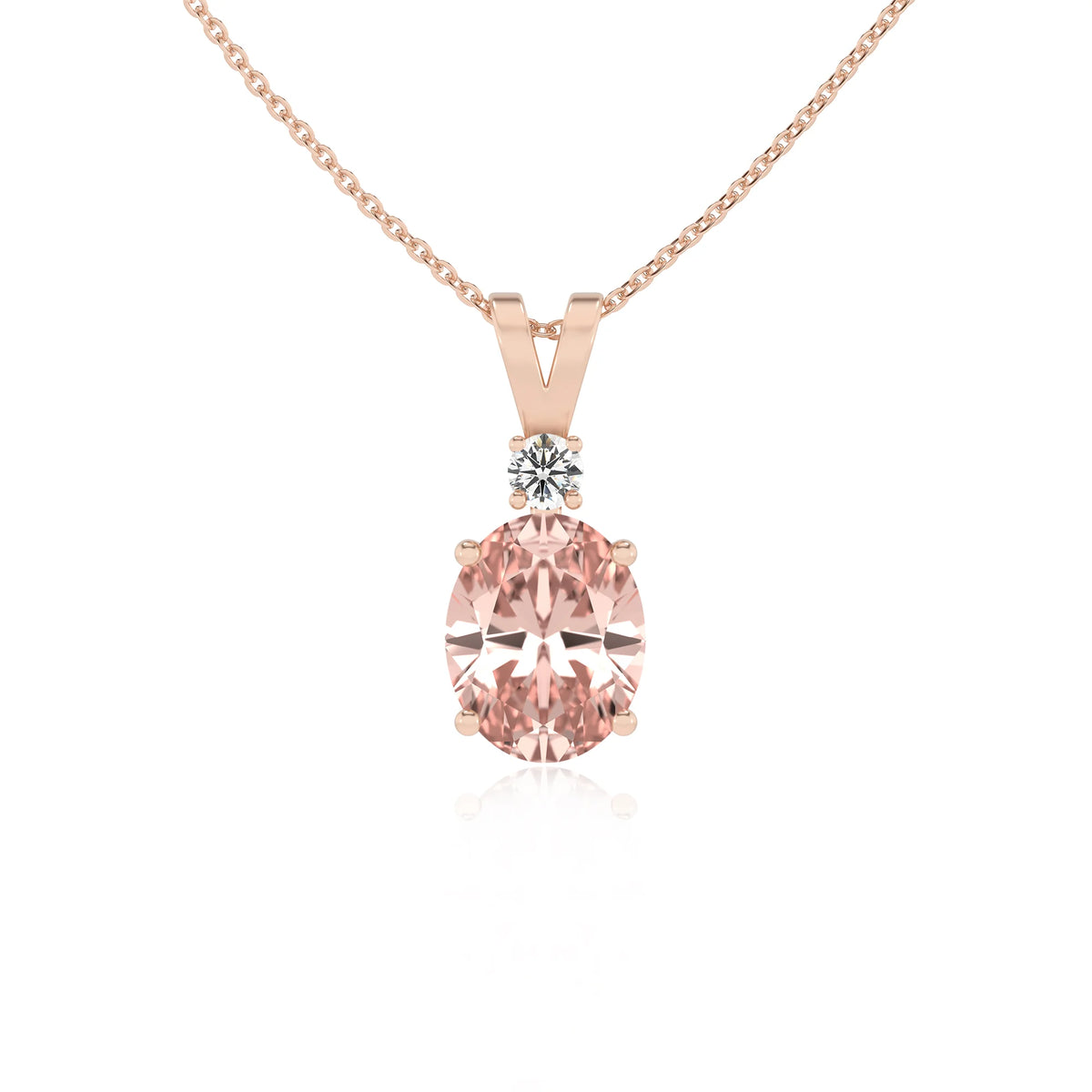 lab grown morganite oval solitaire v-bale necklaces in rose gold 