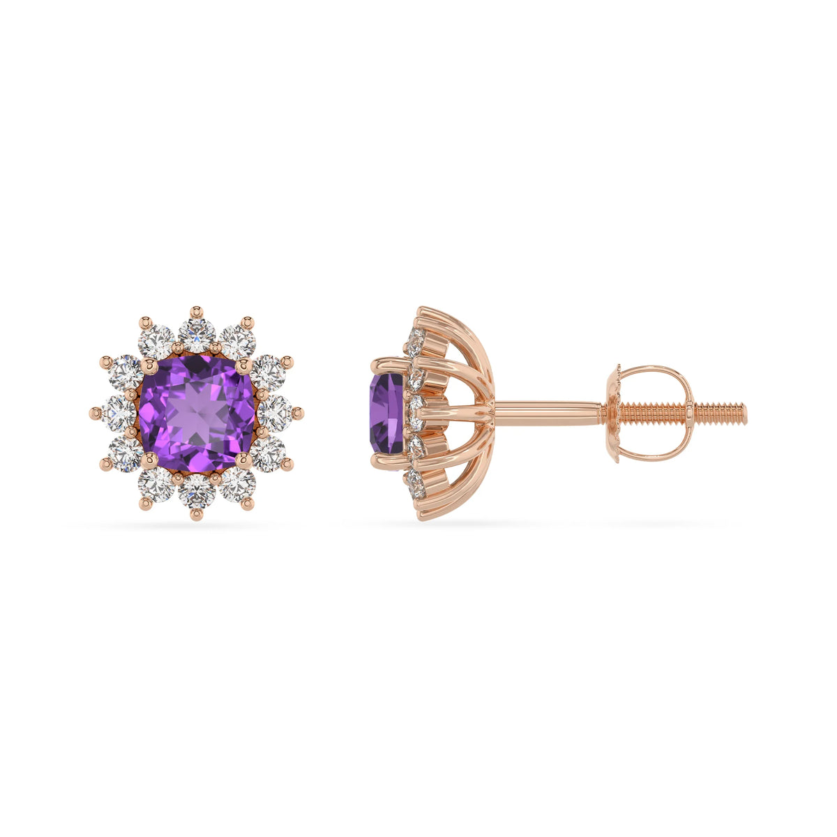 lab grown amethyst cushion stud earrings in rose gold 