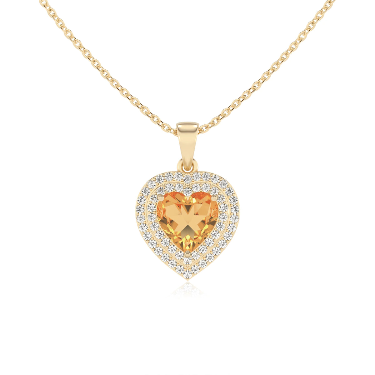 lab grown citrine heart halo necklaces in yellow gold 
