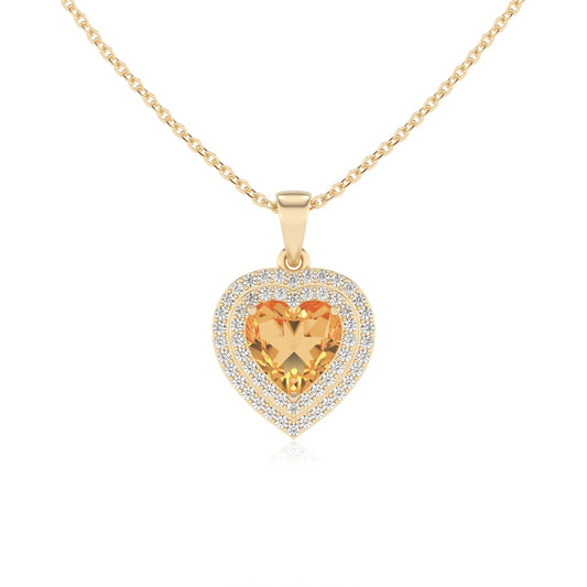 lab grown citrine heart halo necklaces in yellow gold 