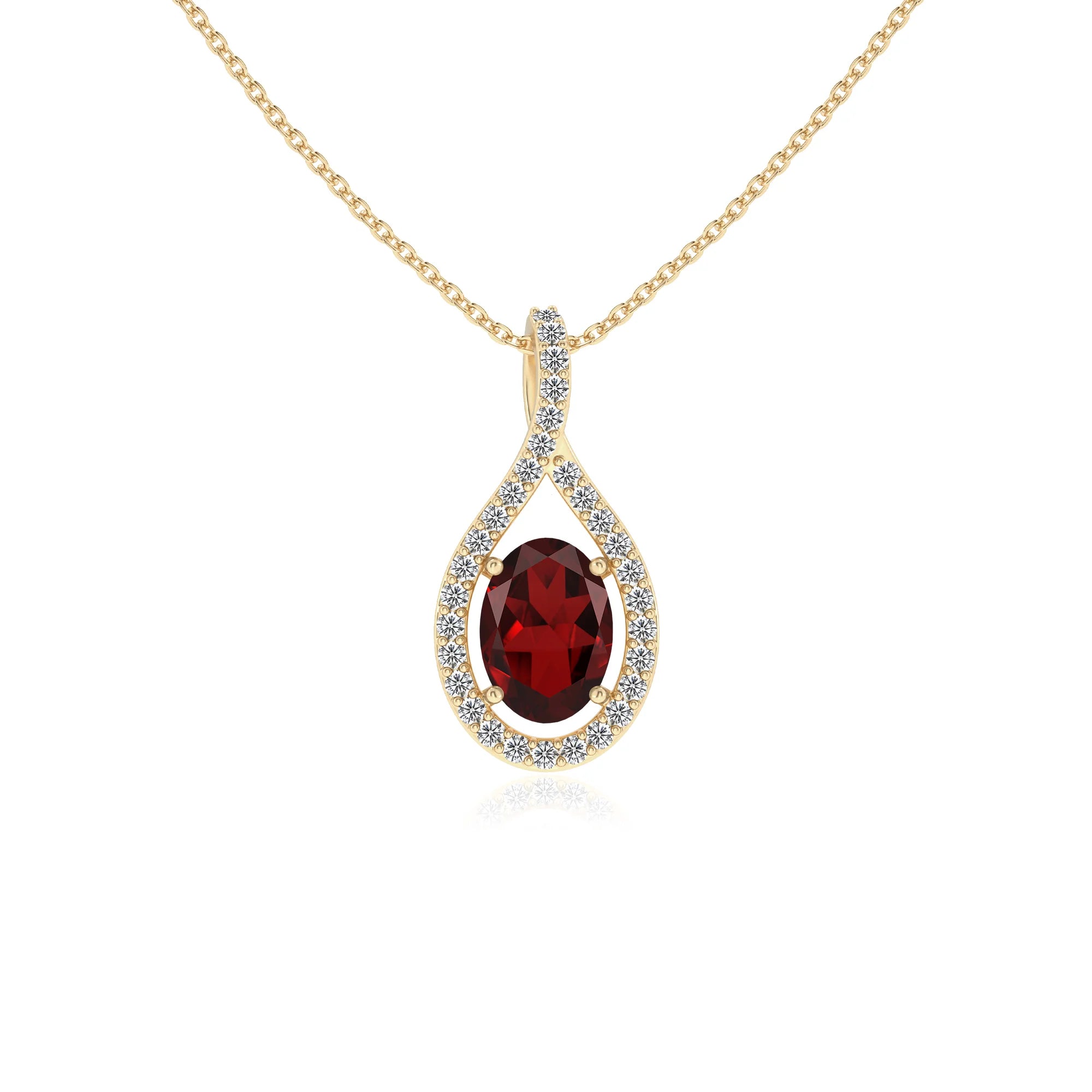 natural garnet oval solitaire necklaces in yellow gold 