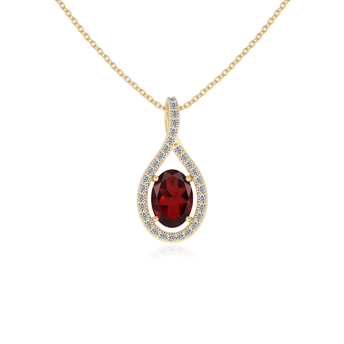 natural garnet oval solitaire necklaces in yellow gold 