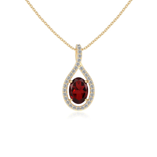 natural garnet oval solitaire necklaces in yellow gold 