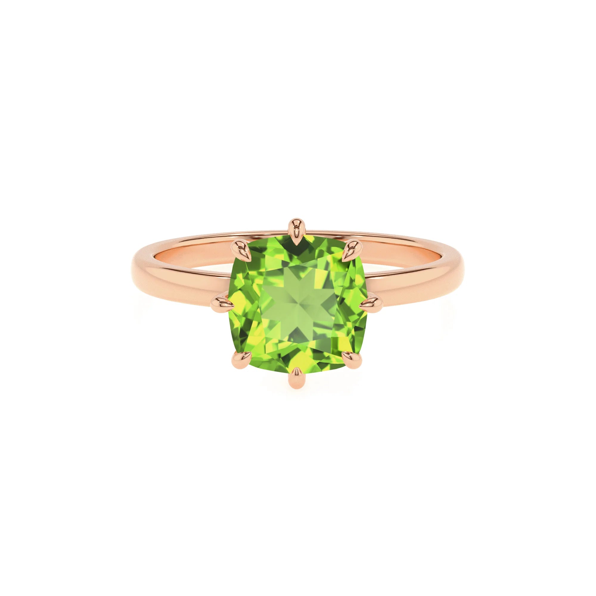natural peridot cushion solitaire rings in rose gold 