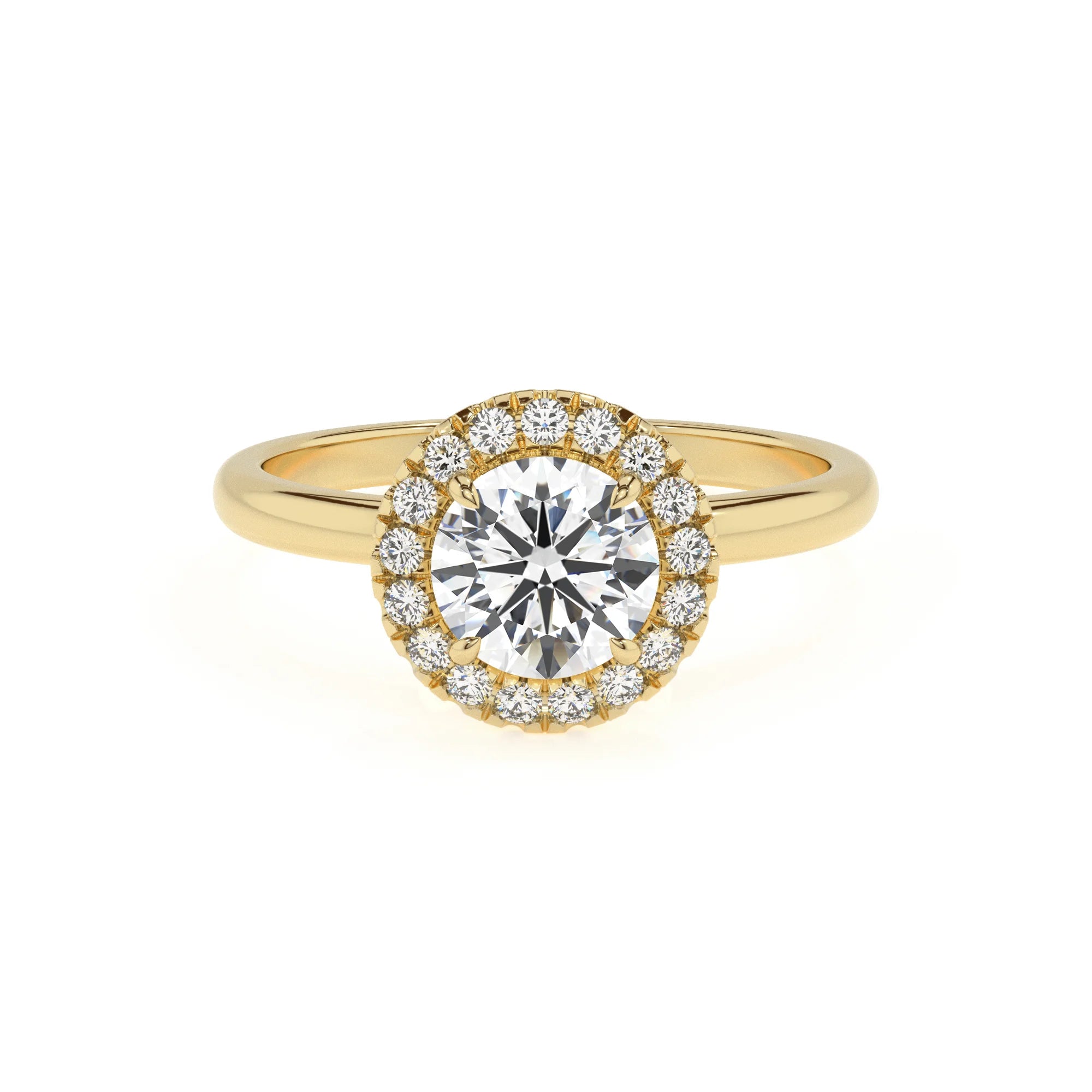 lab grown moissanite round solitaire rings in yellow gold 
