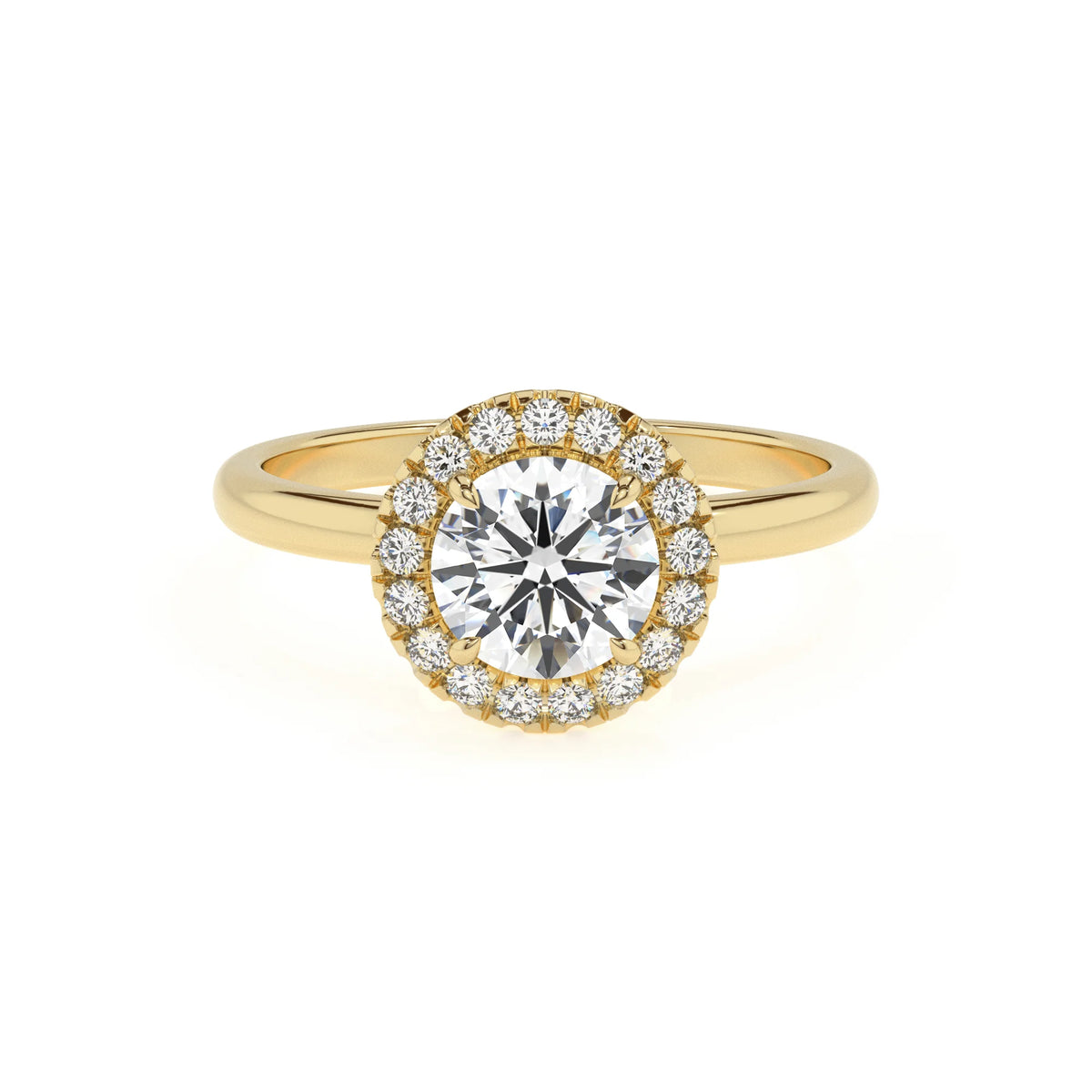 lab grown moissanite round solitaire rings in yellow gold 