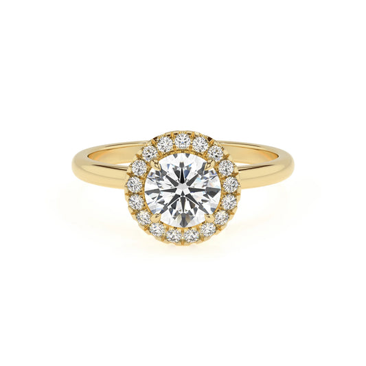 lab grown moissanite round solitaire rings in yellow gold 