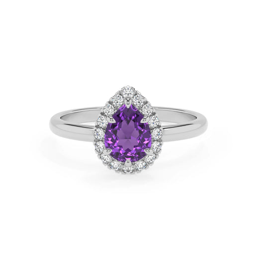 lab grown amethyst pear solitaire rings in white gold 