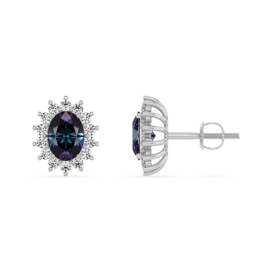 lab grown alexandrite oval stud earrings in white gold 